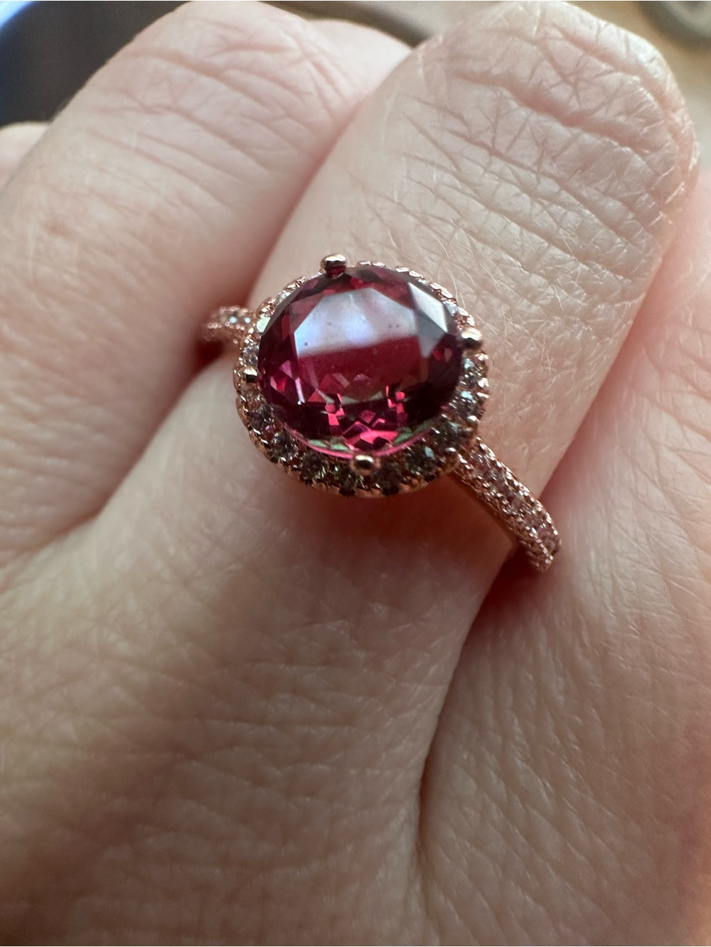 Rose Gold Ring with Deep Watermelon Red/Pink Center Stone sz8